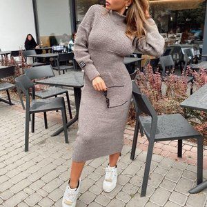 Gorgeous Beige Wool Knitted Sweater Dress